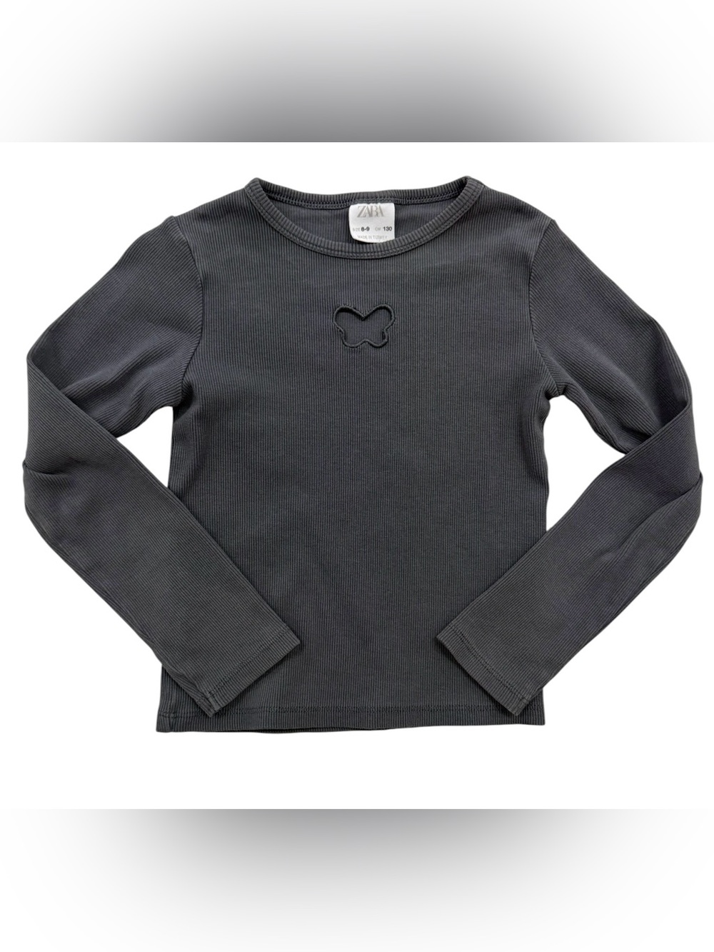 Zara Long-Sleeve Ribbed Top Dark Gray Charcoal with Butterfly Cut-Out Girls 8-9